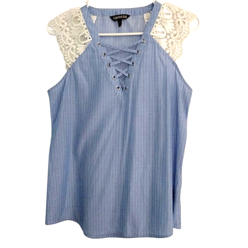 Express Women's Lace-Up Cap-Sleeve Top Blue Striped V-Neck Blouse Size XS